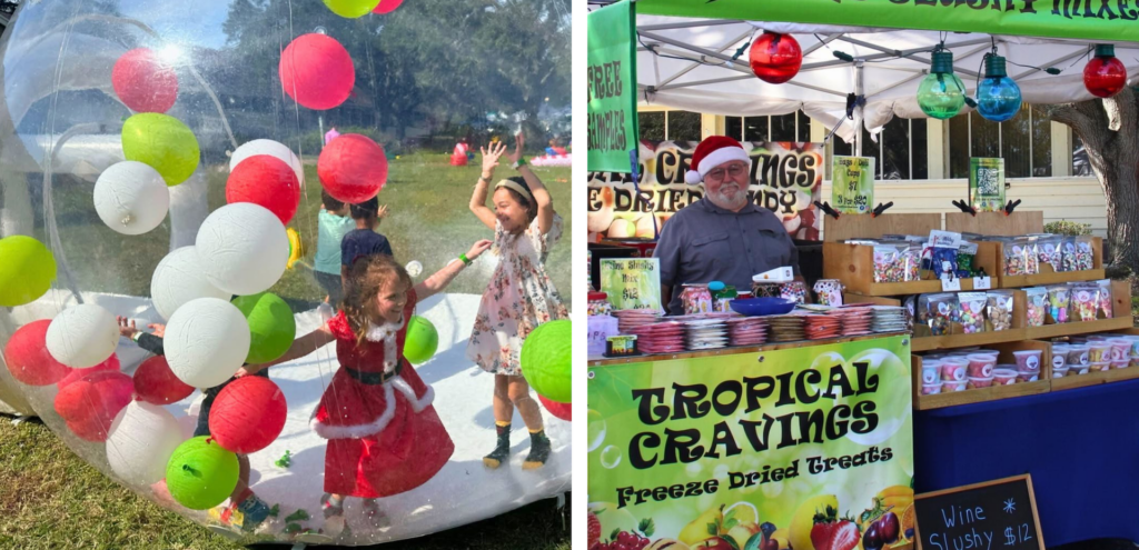 Man standing behind a booth. Kids inside pretend snow globe