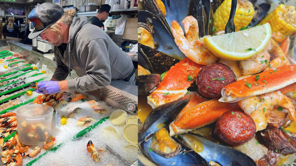 The image shows a seafood market worker handling fresh catches on the left and a vibrant seafood boil with crab legs, shrimp, mussels, corn, and sausage on the right, highlighting the journey from market to table.