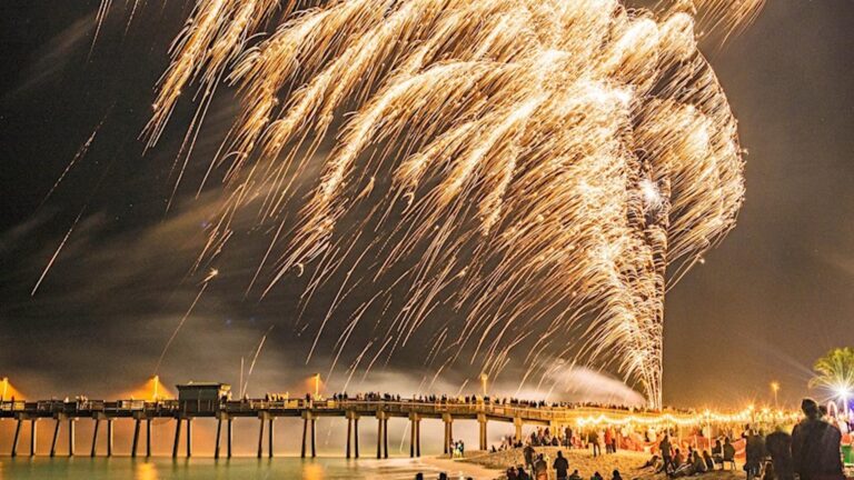 fireworks exploding over a pier at night with people standing on the beach.