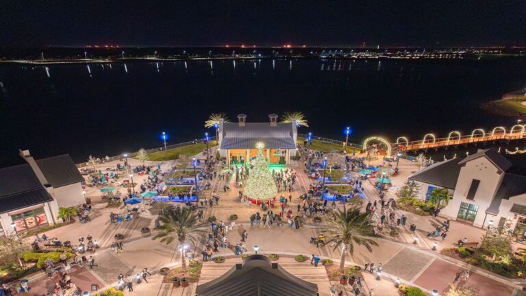 view of plaza with dark water in the background.