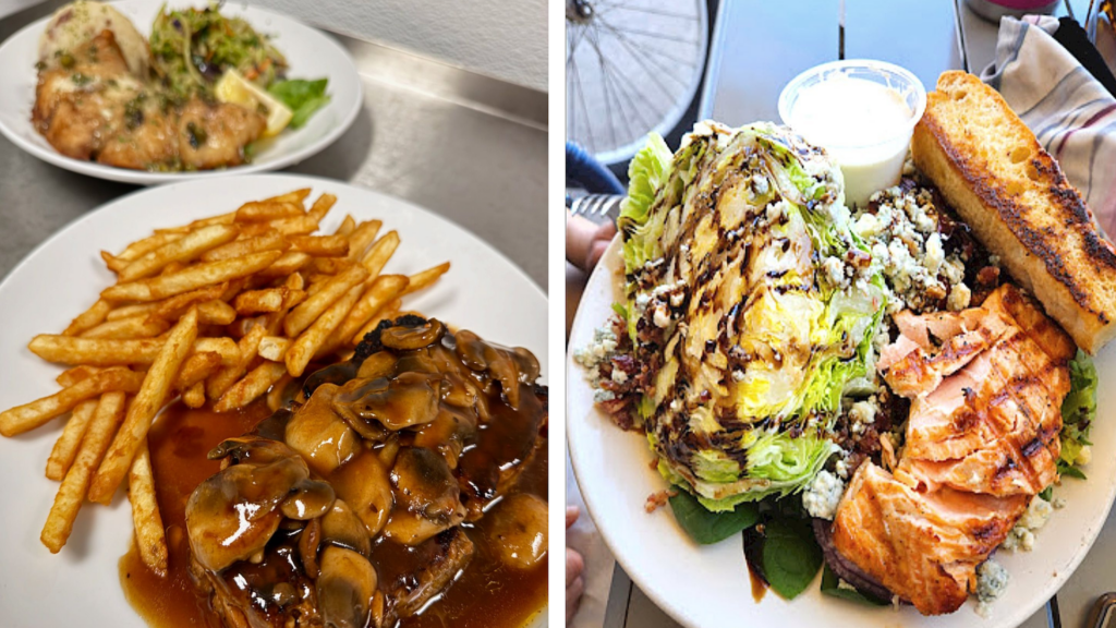 
A plate of fries and steak topped with mushroom gravy, with another plate of chicken in the background.
A fresh salad with grilled salmon, crumbled blue cheese, balsamic drizzle, and a side of toasted bread.