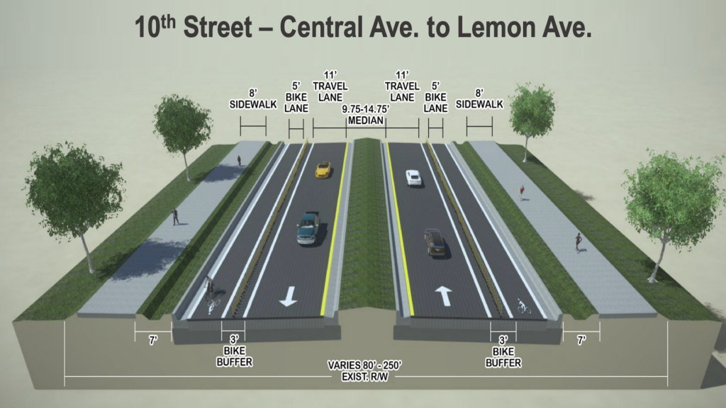 rendering of roads with sidewalks and cars.