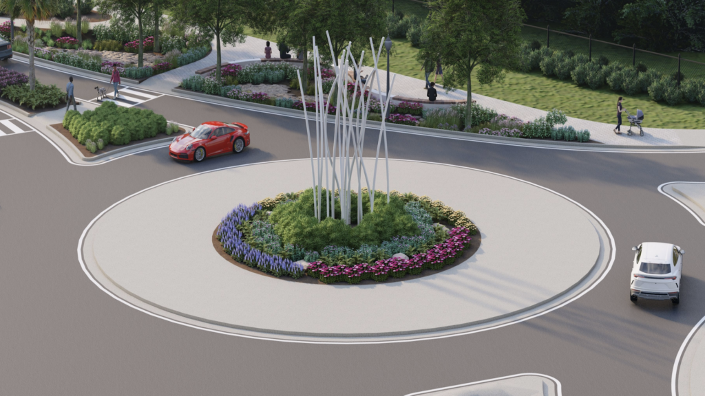 rendering of a roundabout with sculpture in the middle and two cars circling