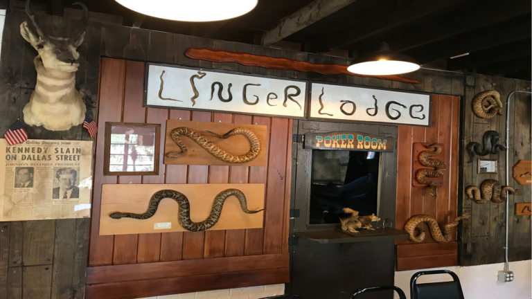 taxidermy snakes and deer mounted on a wooden wall with a sign that spells "linger lodge".