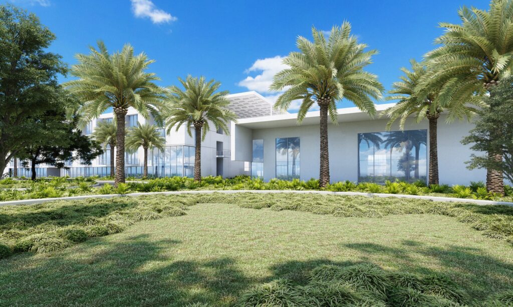 rendering of modern white building ensconced in palm trees.