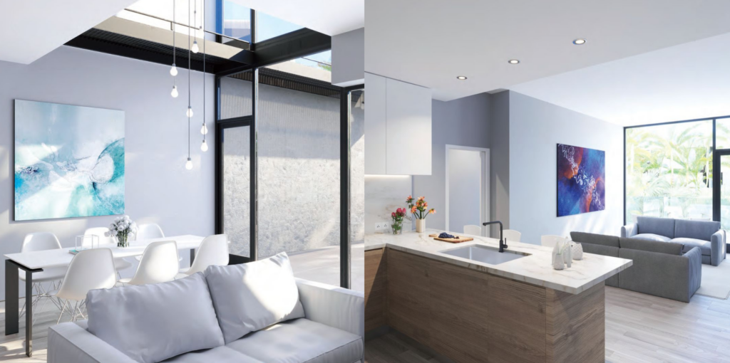 rendering of a kitchen a living room with clean, bright furniture